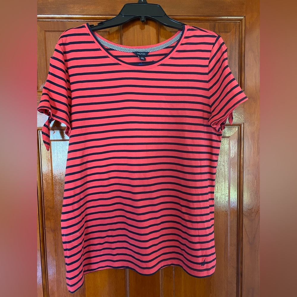 Nautica pink and navy striped size L tee with side sleeve tie detail.
